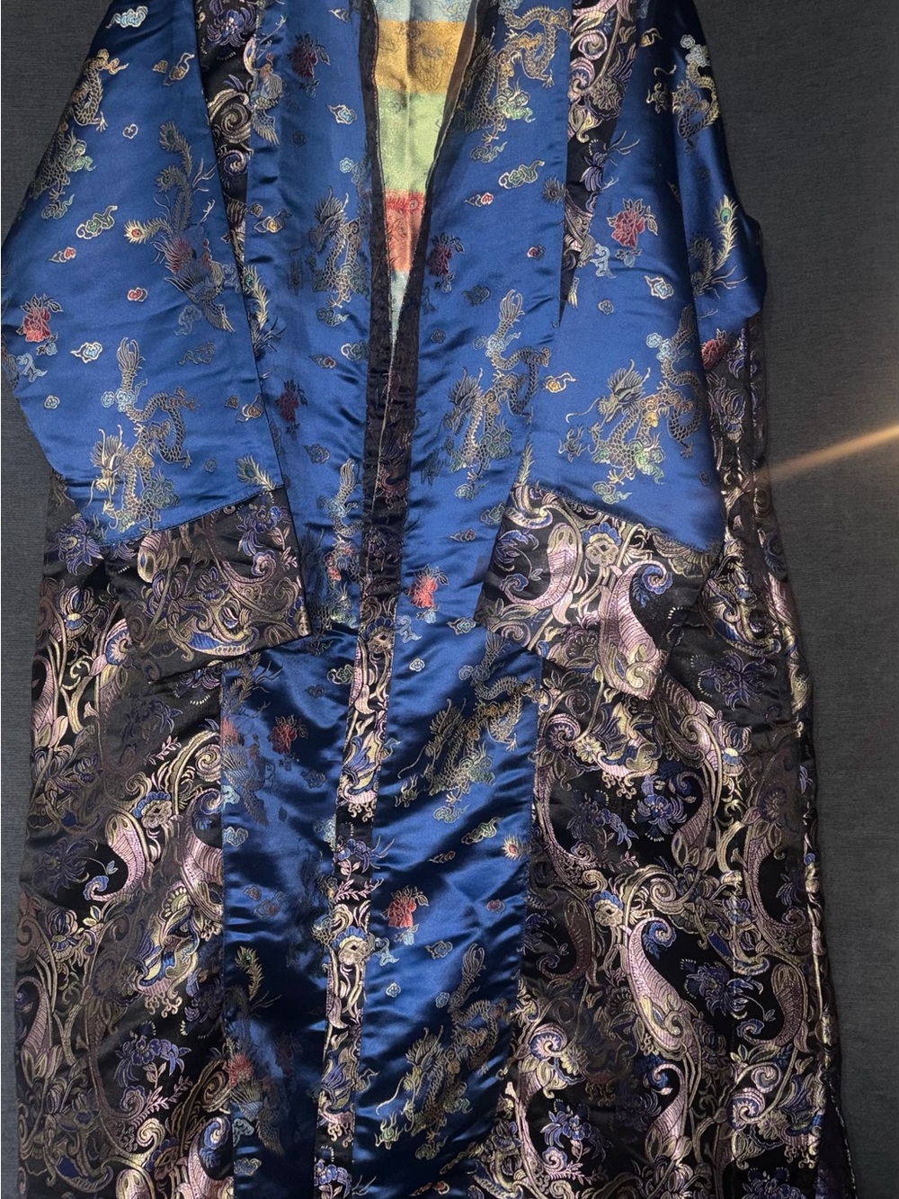 Elegant Blue Brocade Satin Kimono Robe with Metallic Paisley Accents